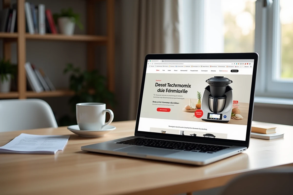 Ordinateur portable affichant une promotion Thermomix sur un site e-commerce avec liste de courses et café