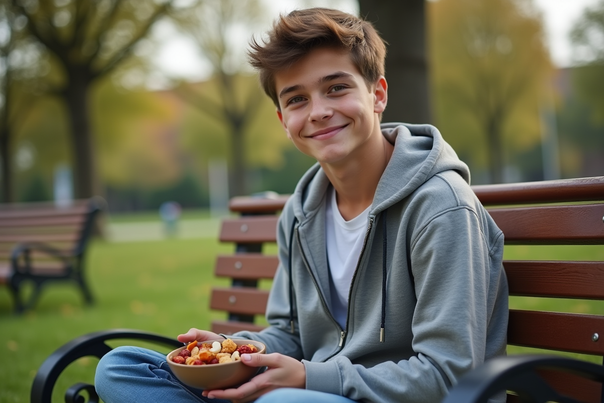Adolescent avec noix et fruits secs dans un parc