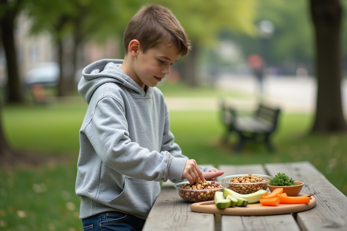 Adolescent prenant des noix et légumes dans un parc en plein air