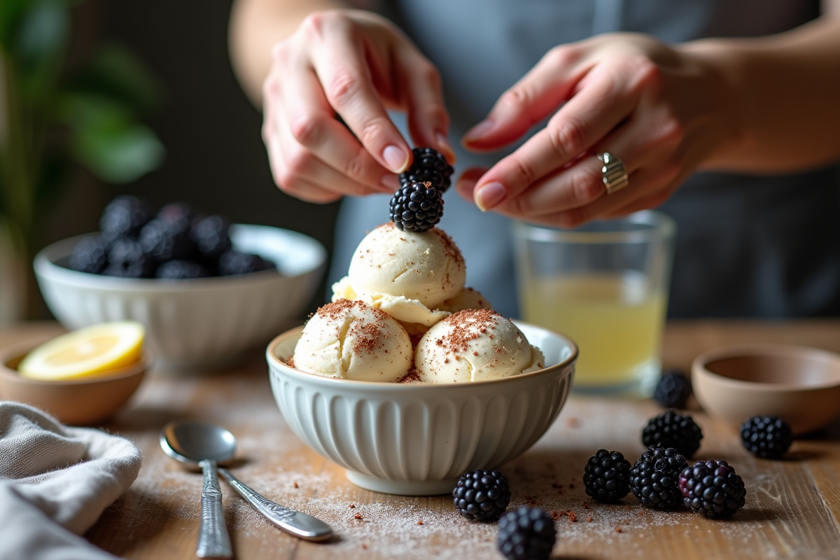Main saupoudrant des mures sur une glace maison à la vanille