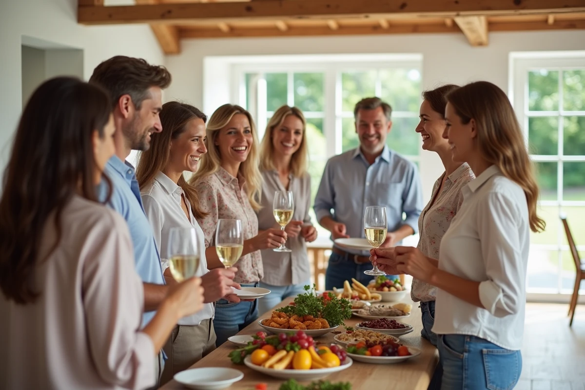 Groupe d'amis adultes se servant au buffet froid lors d'un repas convivial pour dix personnes dans une salle à manger lumineuse style maison de campagne