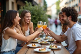 Groupe d'amis riant en buvant des spritz en terrasse
