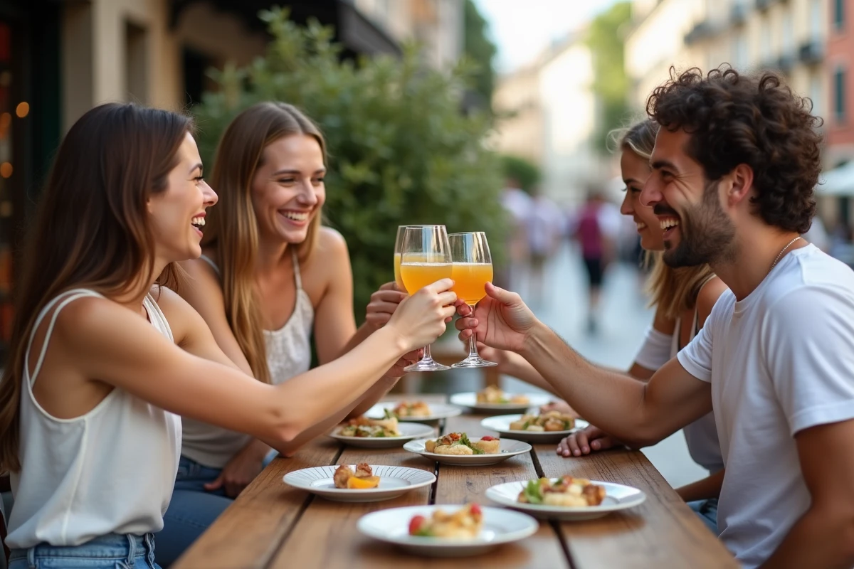 Groupe d'amis riant en buvant des spritz en terrasse