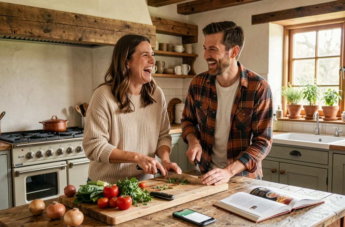 Deux amis préparant un repas ensemble autour d'une table de cuisine rustique avec légumes frais et application de recettes ouverte