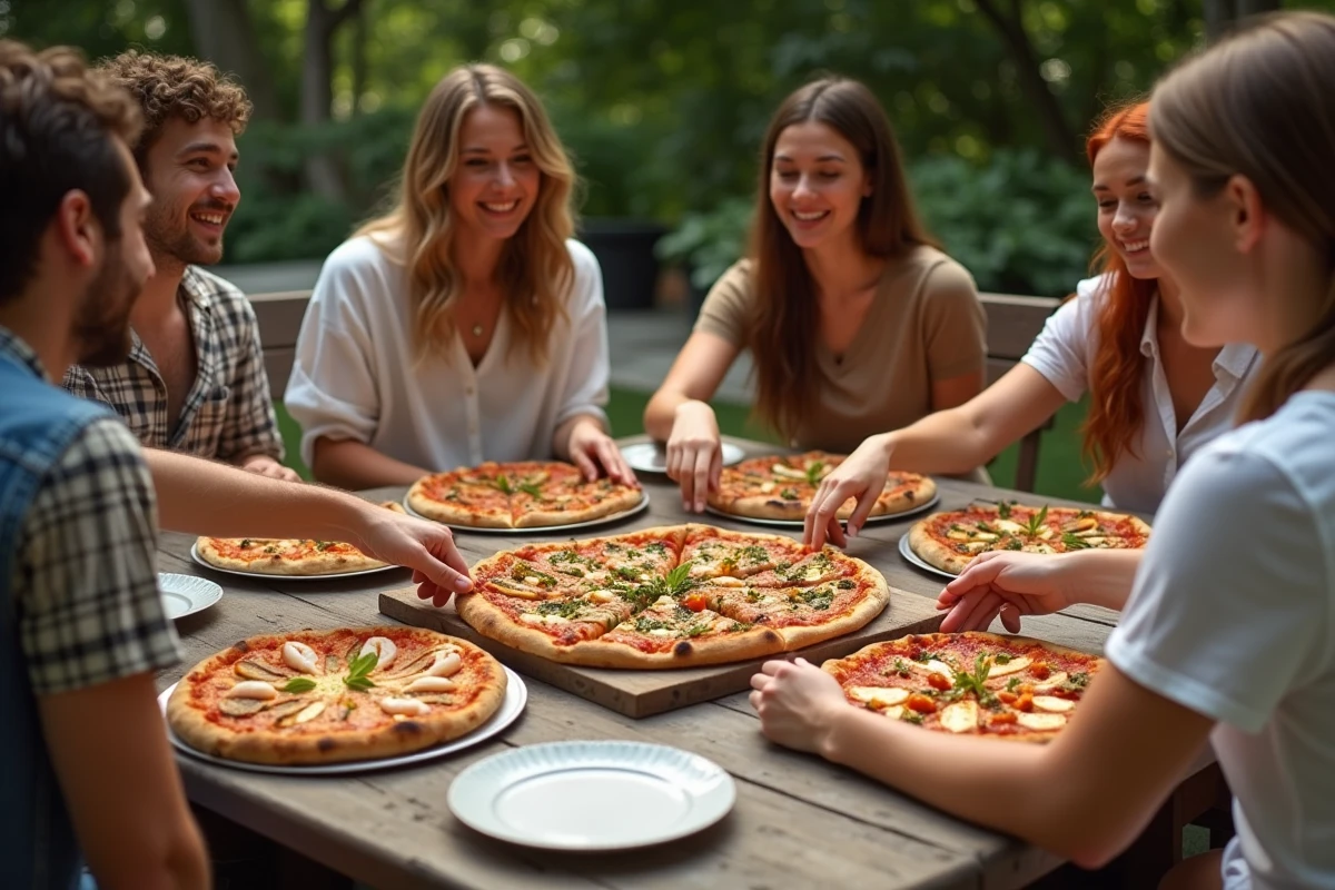 Groupe d amis dégustant des pizzas en extérieur dans un jardin