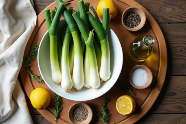 Plateau de poireaux cuits à l'eau dans un bol blanc entouré d'assaisonnements frais comme l'huile d'olive, le citron et le sel sur une table en bois rustique