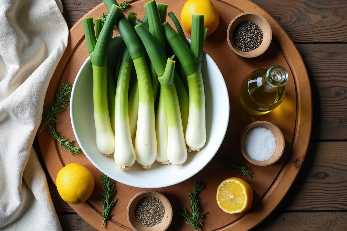 Plateau de poireaux cuits à l'eau dans un bol blanc entouré d'assaisonnements frais comme l'huile d'olive, le citron et le sel sur une table en bois rustique