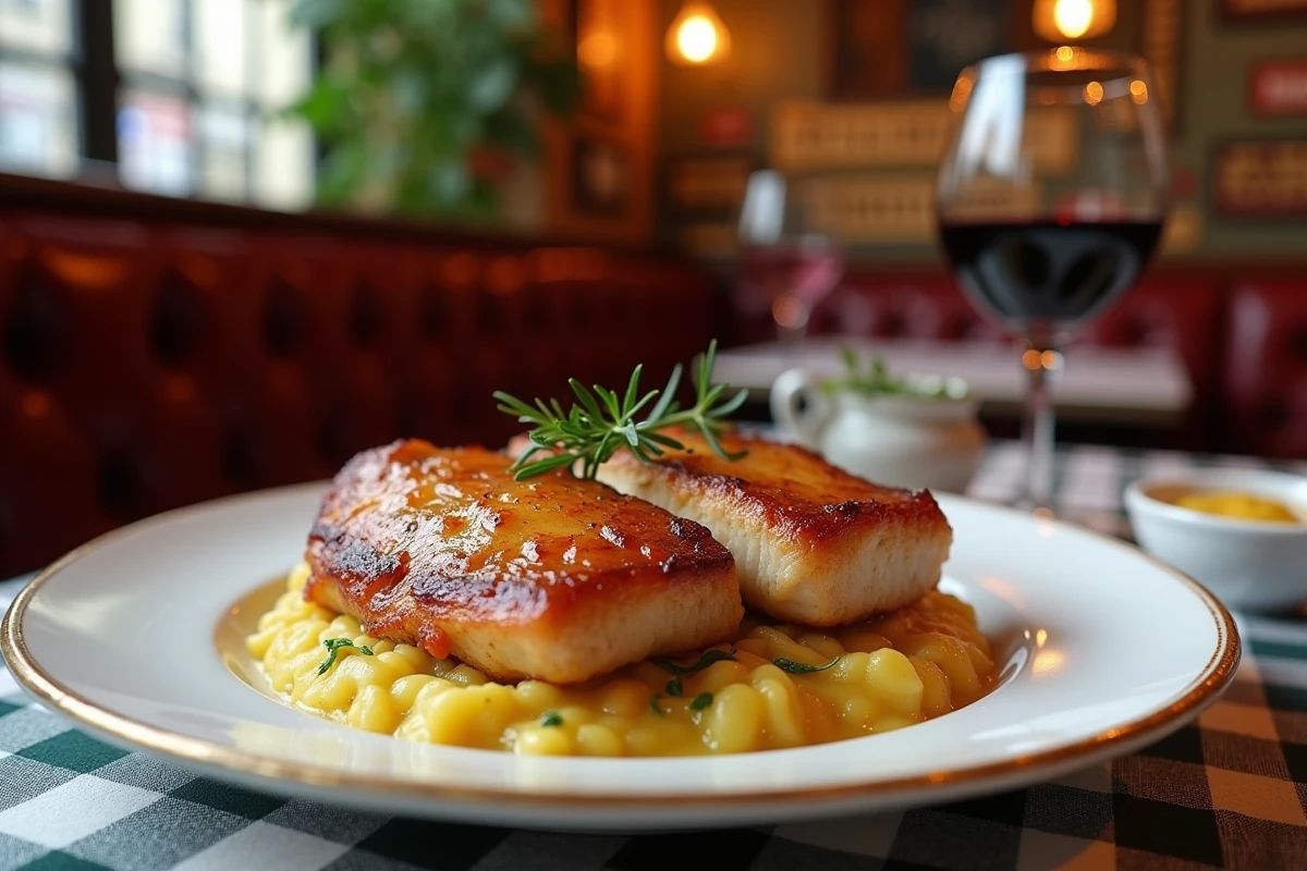 Assiette de crépinettes de porc à l'ancienne avec pommes de terre rissolées, moutarde à l'ancienne et thym frais dans un bistrot parisien traditionnel
