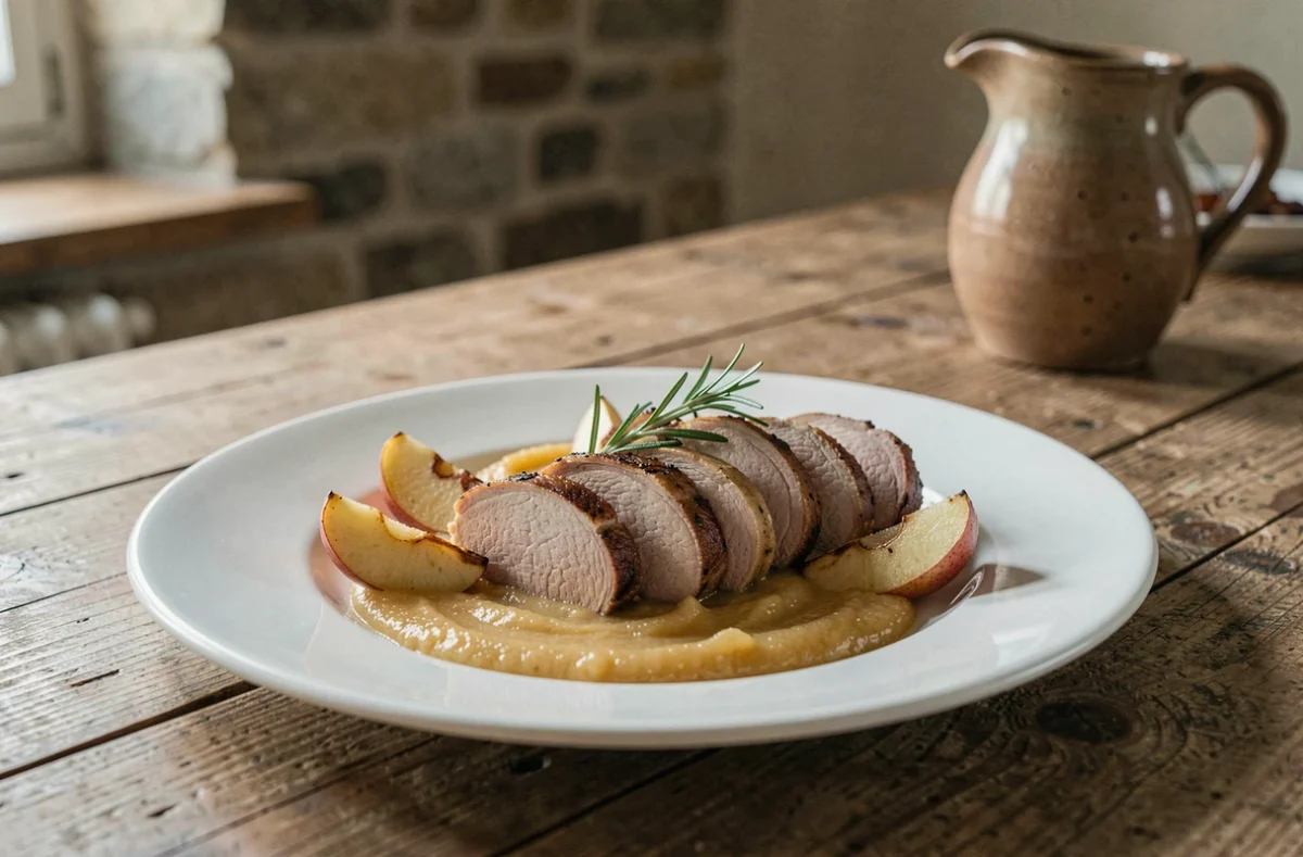 Assiette de filet mignon de porc tranché avec sauce au cidre et pommes rôties, présentation élégante normande
