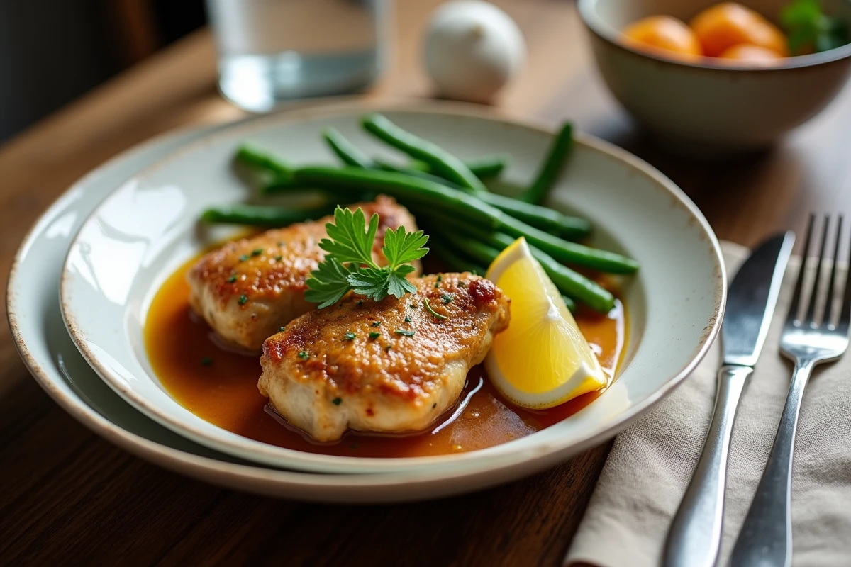 Assiette de cuisse de poulet Cookeo légère servie avec légumes verts et herbes fraîches
