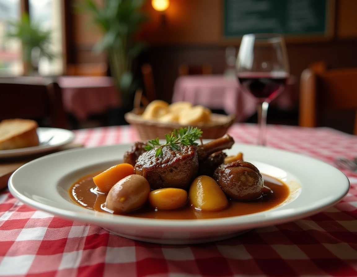 Assiette de ragoût d'agneau à l'ancienne avec sauce brillante aux herbes sur une nappe à carreaux dans un bistrot traditionnel français
