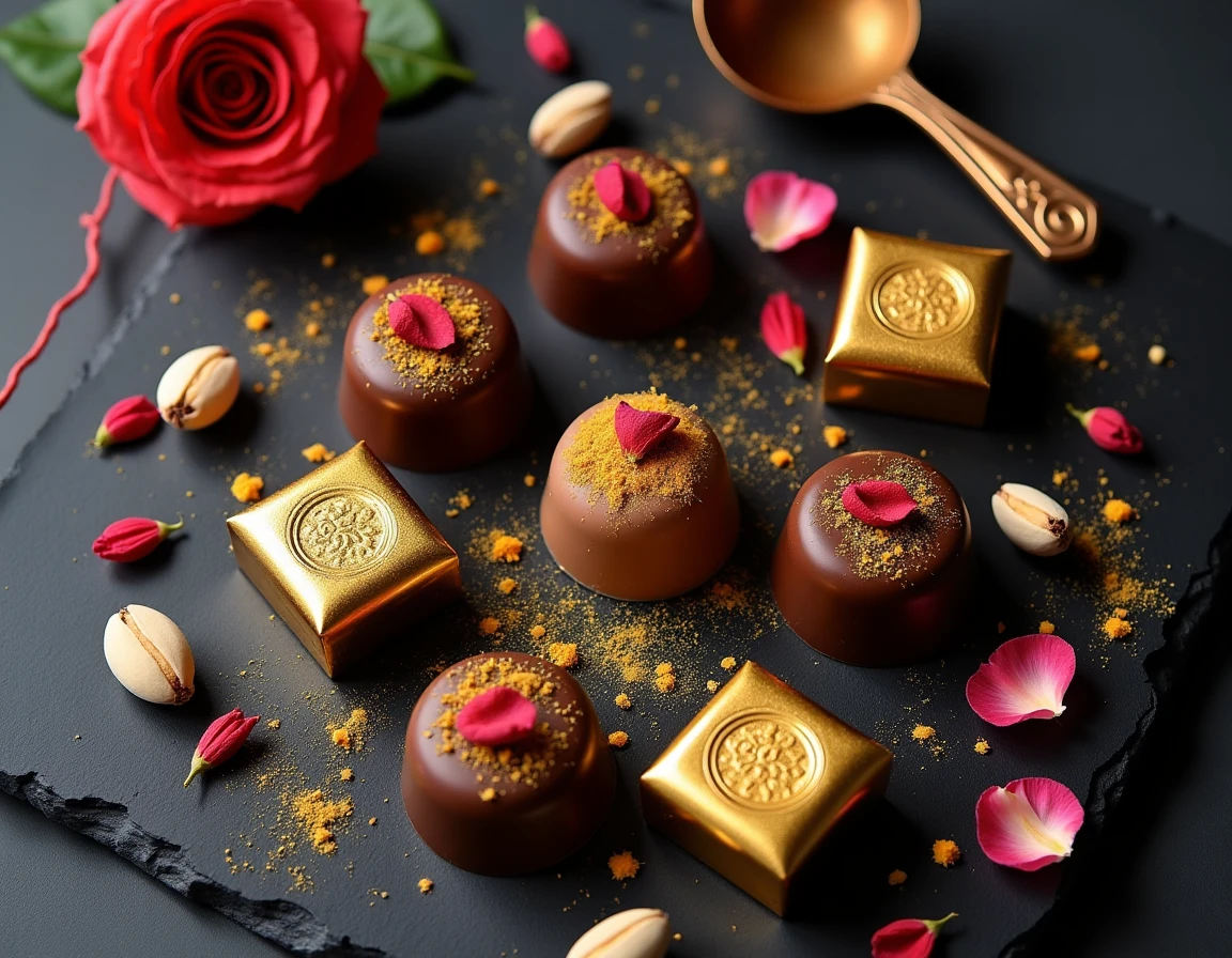 Assortiment de chocolats de luxe style Dubaï avec feuille d'or, pétales de rose et pistaches sur ardoise noire