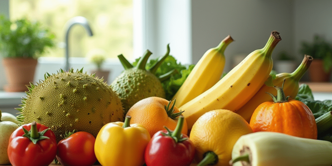 Assortiment de fruits et légumes J frais sur plan de travail