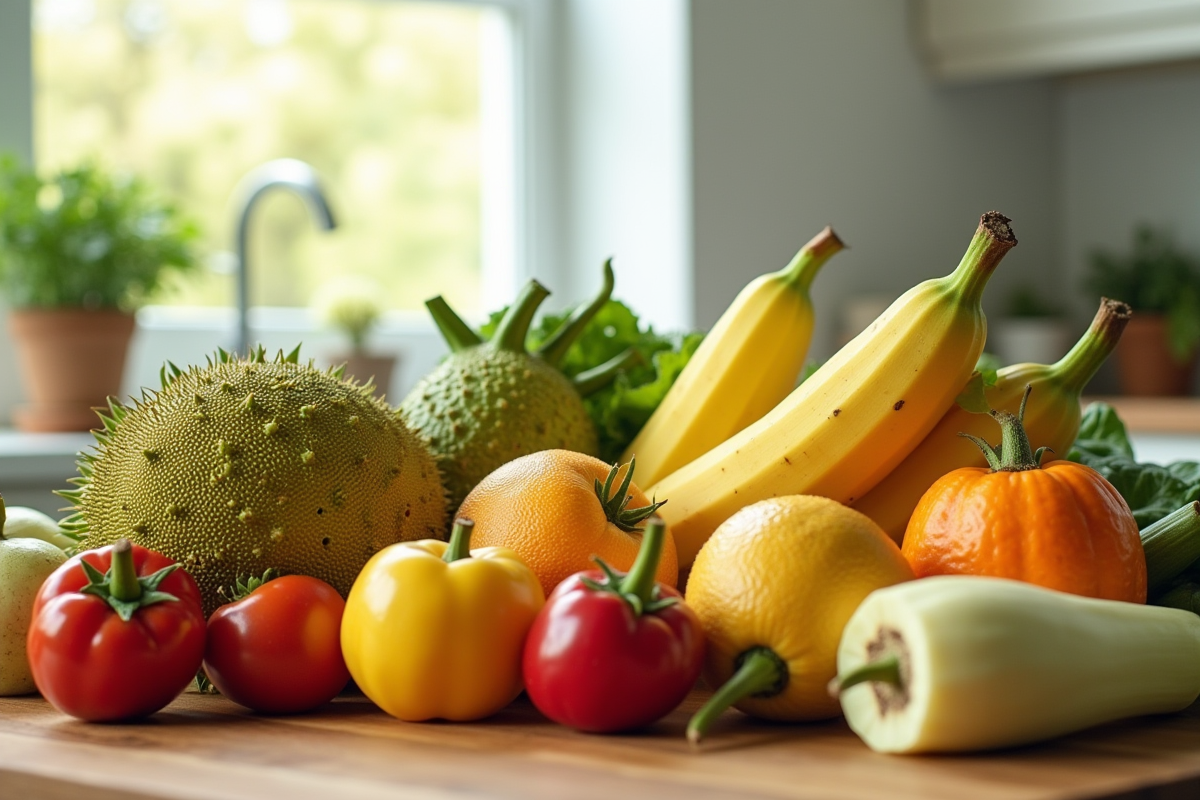 Assortiment de fruits et légumes J frais sur plan de travail