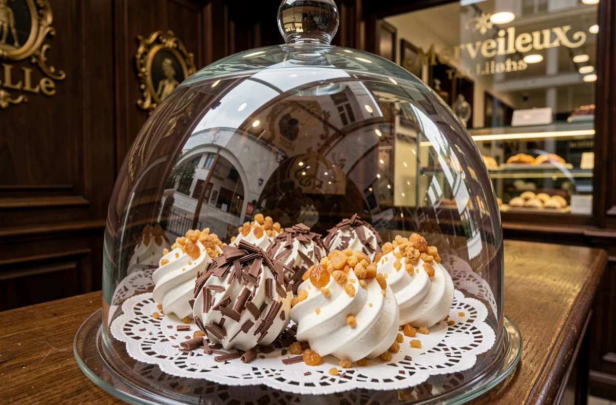 Présentoir de Merveilleux enrobés de chocolat et de pralin chez Aux Merveilleux de Fred à Lille