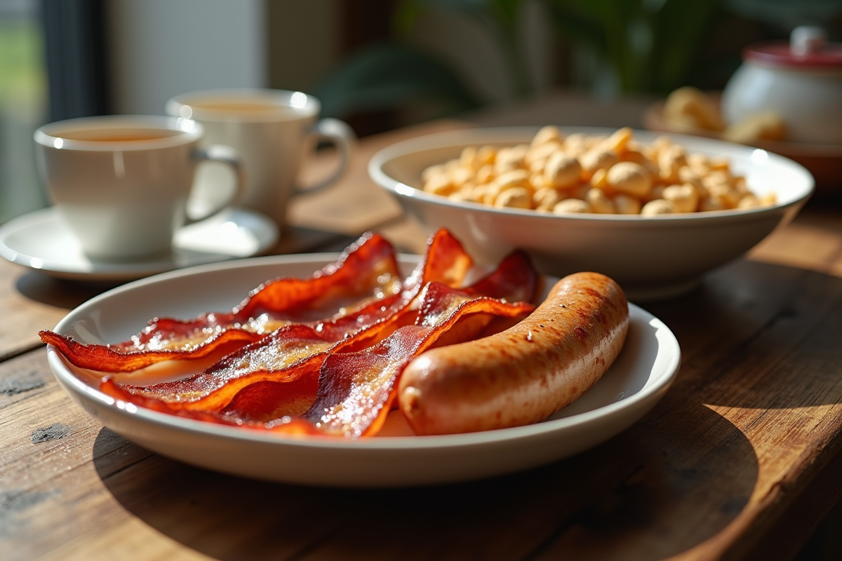 Assiette de bacon et saucisses avec céréales et café sucré