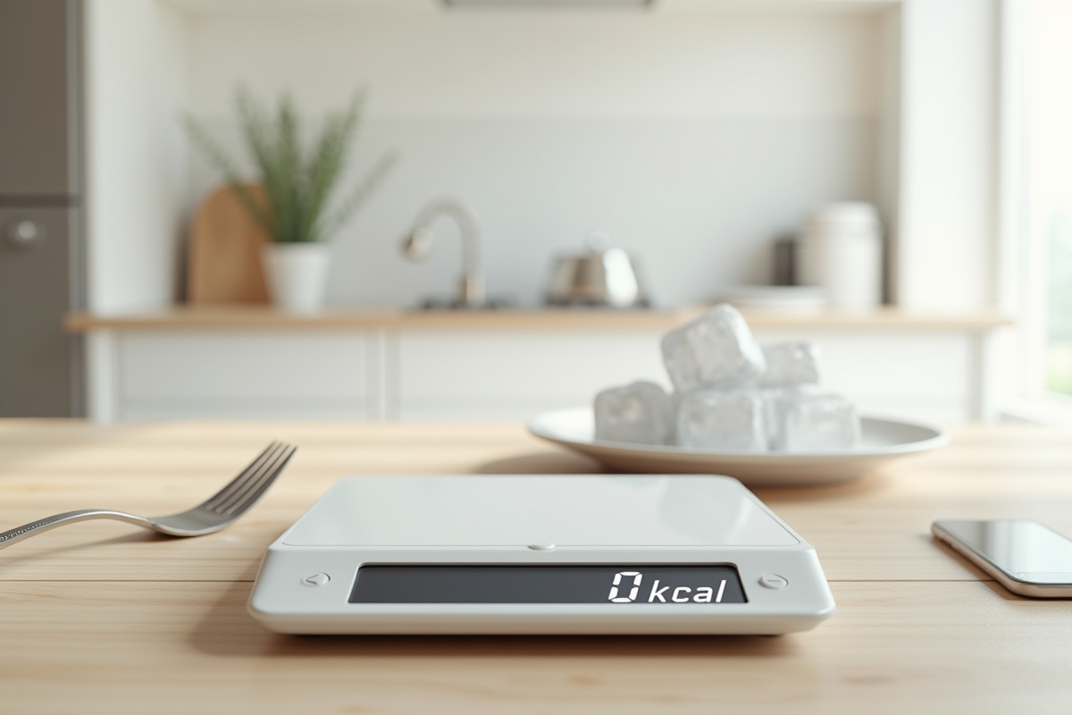 Balance digitale avec une assiette de glaçons sur une surface en bois