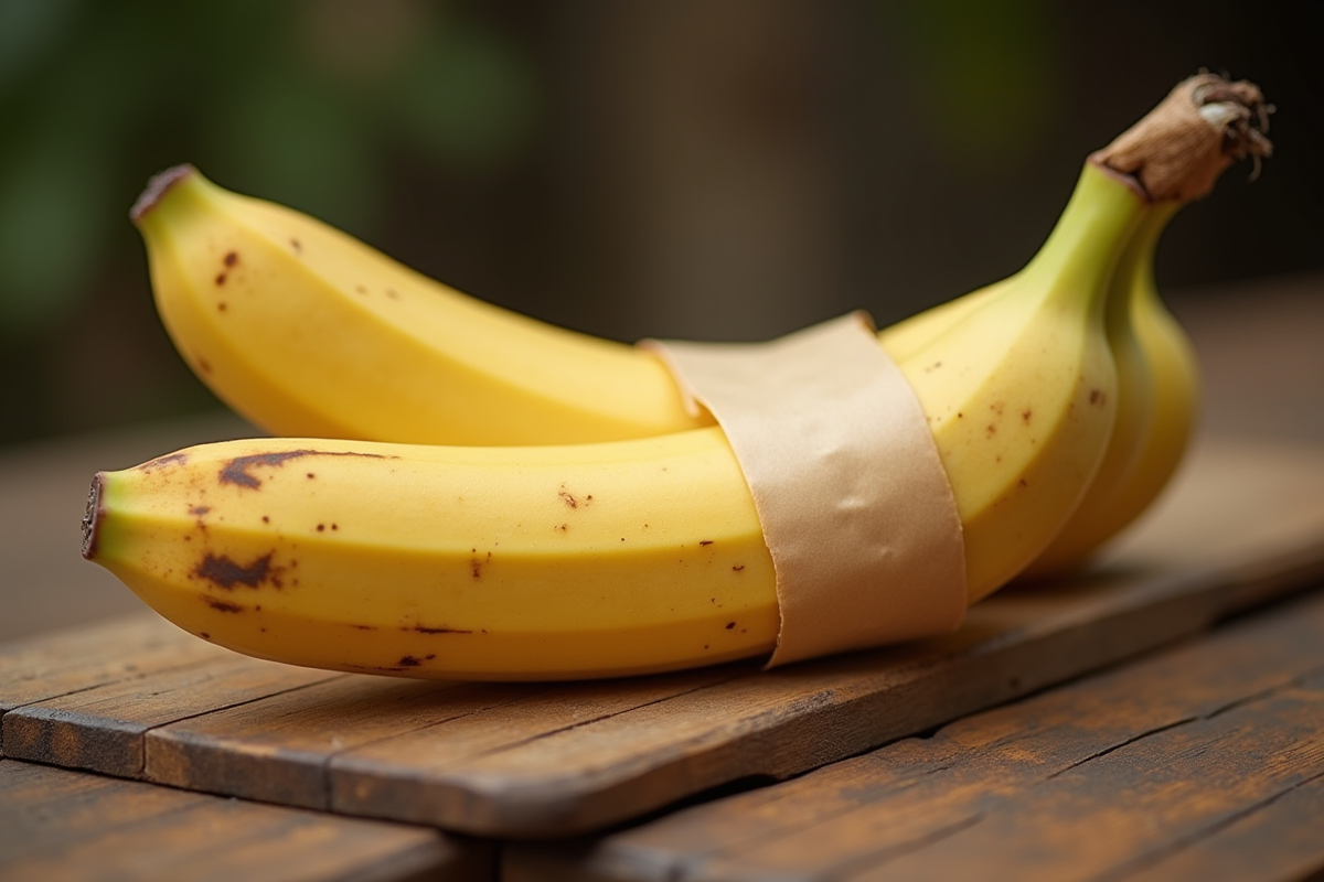 Banane enveloppée dans un film de cire sur une table en bois rustique