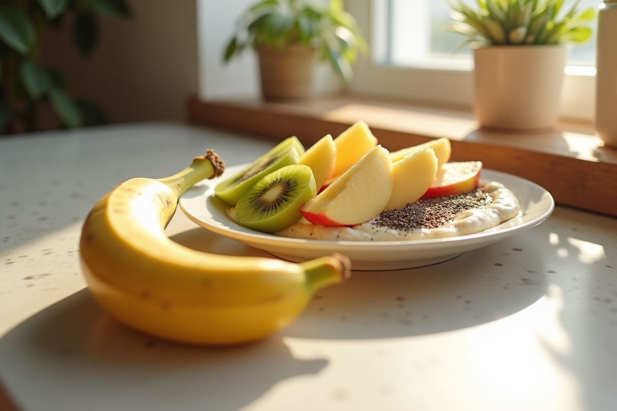 Banane pelée sur plan de travail avec fruits colorés