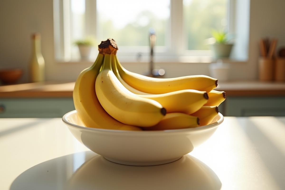 Bananes mûres disposées dans un bol sur un plan de travail lumineux