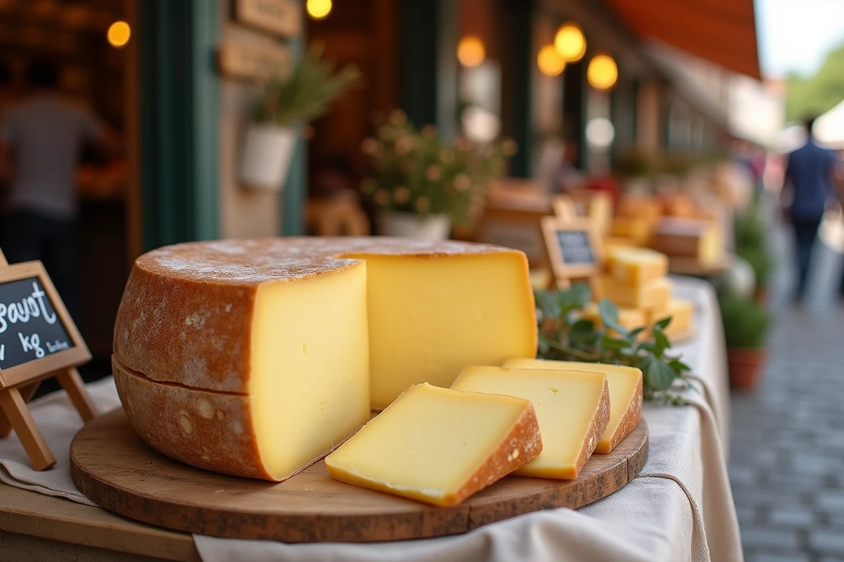 Meule de Beaufort entière sur un étal de marché avec étiquette de prix au kilo