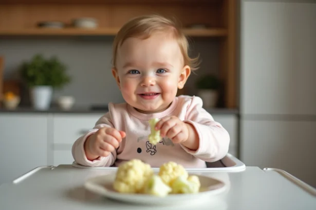 Bébé souriant avec purée de cauliflower dans une cuisine moderne