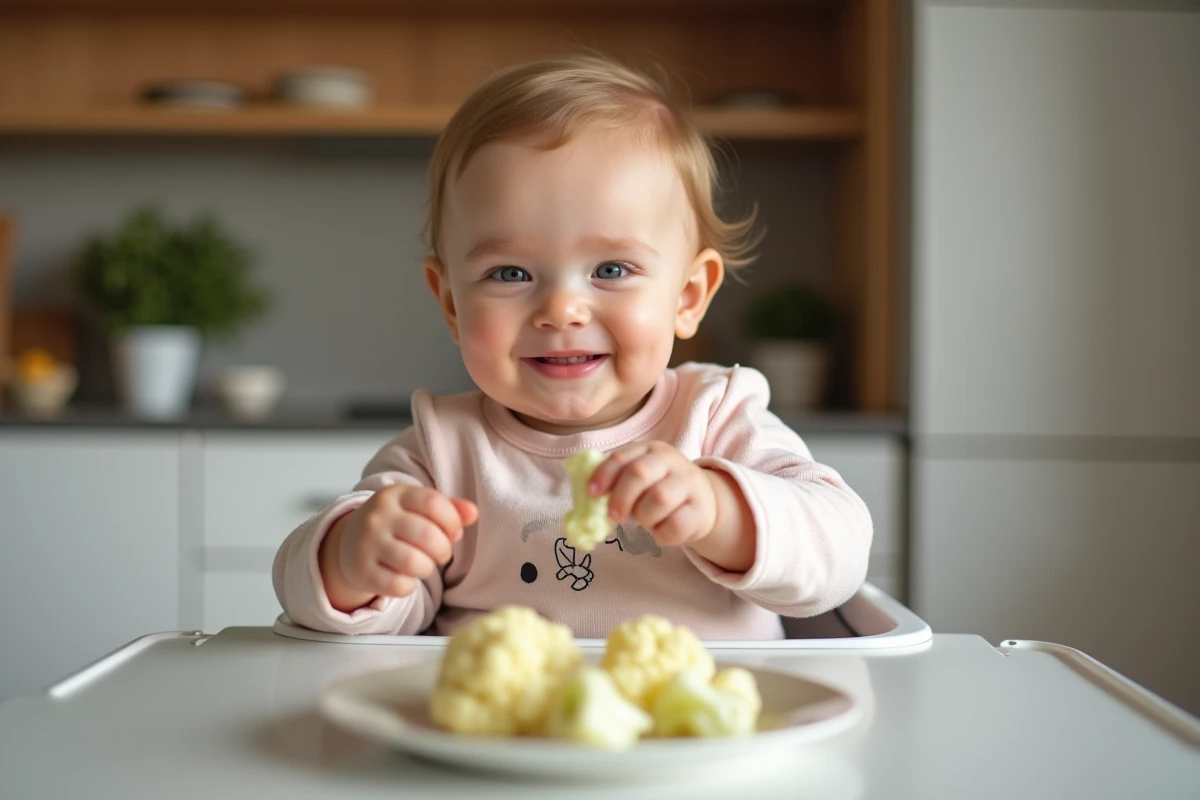 Bébé souriant avec purée de cauliflower dans une cuisine moderne