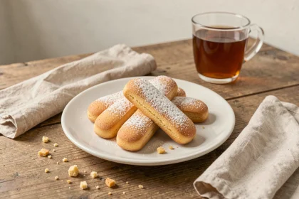 Assiette de biscuits cuillère maison légèrement saupoudrés de sucre glace posée sur une table en bois rustique, avec une serviette en lin crème