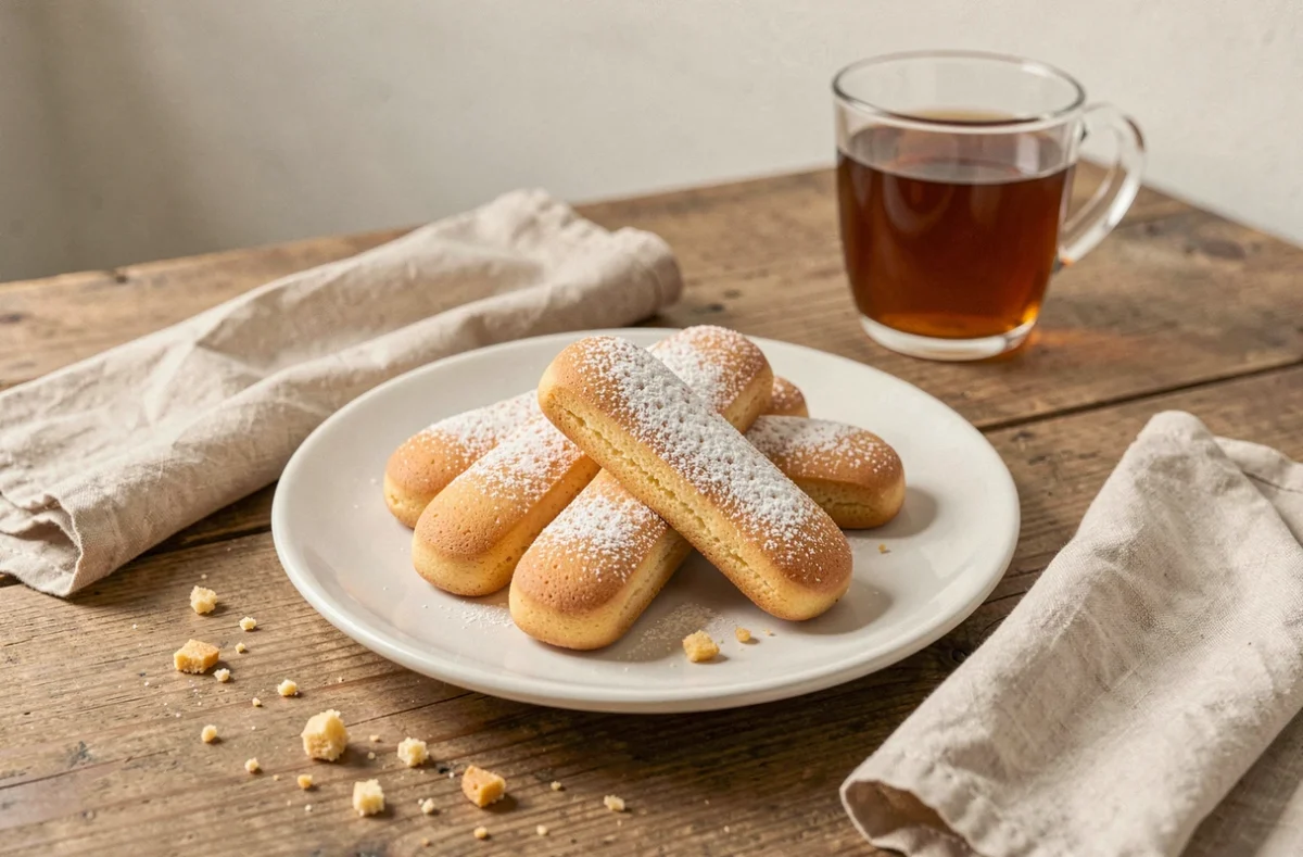 Assiette de biscuits cuillère maison légèrement saupoudrés de sucre glace posée sur une table en bois rustique, avec une serviette en lin crème