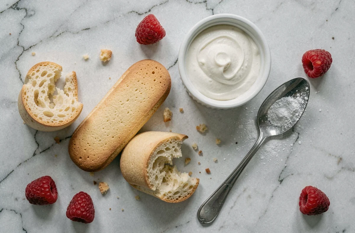 Gros plan de biscuits cuillère légers brisés révélant leur mie aérée, accompagnés de framboises fraîches et d'une crème légère sur marbre blanc