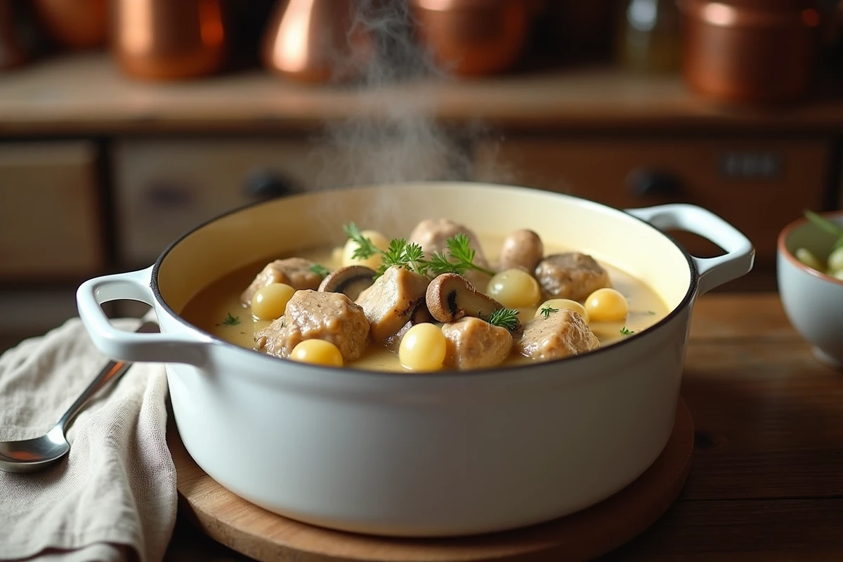 Cocotte de blanquette de veau maison avec sauce crémeuse, champignons et oignons grelots dans une cuisine rustique française