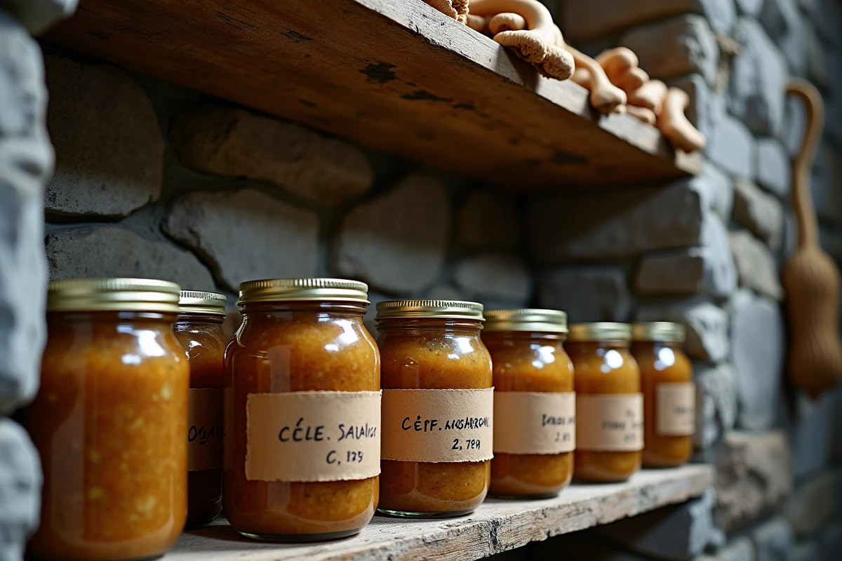 Bocaux de sauce aux cèpes étiquetés conservés sur une étagère en bois dans une cave en pierre rustique