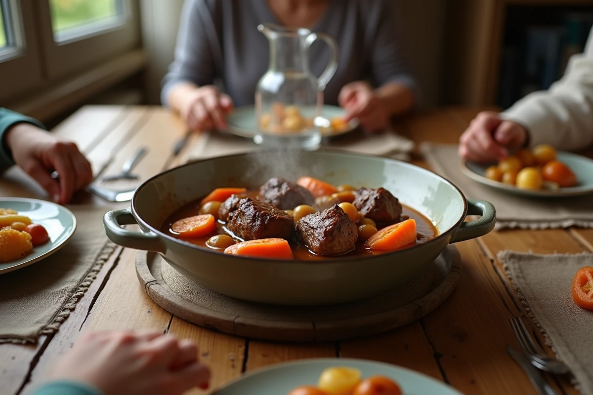 Groupe familial dégustant un bol de boeuf carotte à table