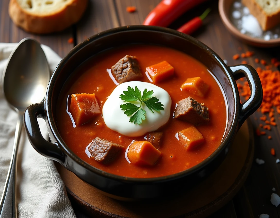 Vue de dessus d'un bol de goulash hongrois servi avec de la crème aigre et du pain de seigle rustique sur une table en chêne sombre