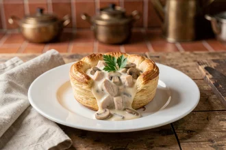 Bouchée à la reine garnie de ragout crémeux de poulet et champignons sur assiette en porcelaine blanche
