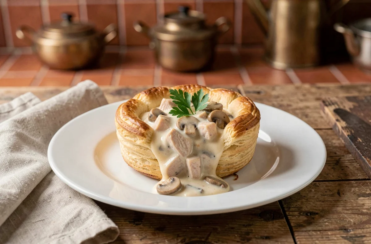 Bouchée à la reine garnie de ragout crémeux de poulet et champignons sur assiette en porcelaine blanche