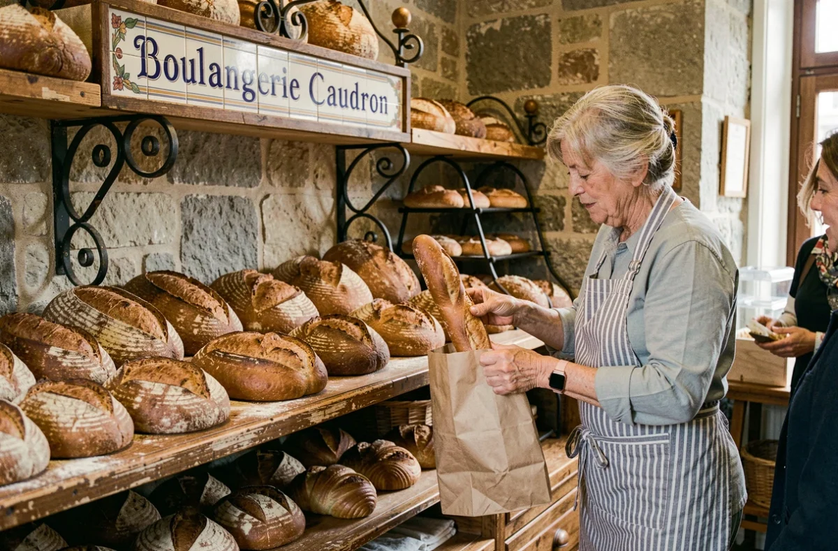 Comptoir de la Boulangerie Caudron à Arras avec pains artisanaux et boulangère en tablier rayé