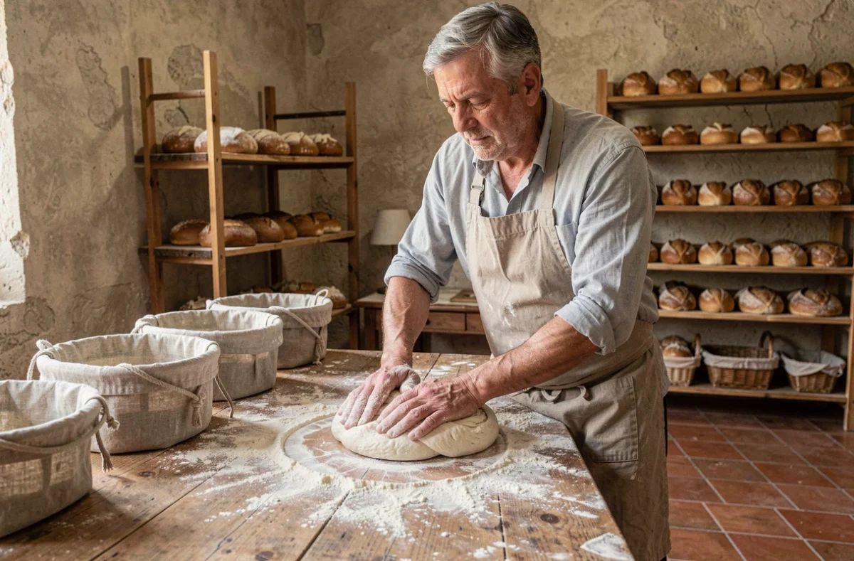 Artisan boulanger pétrissant la pâte à la Boulangerie Dhaussy à Amiens