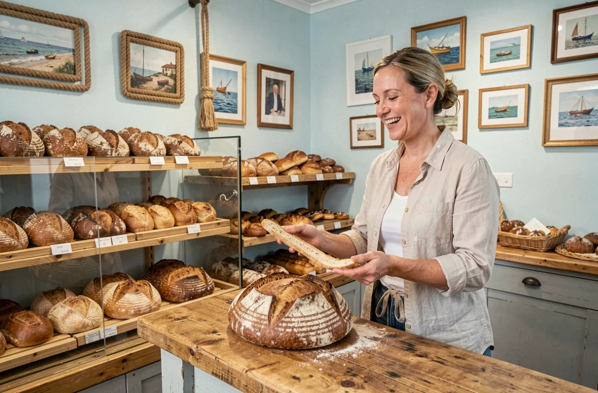 Boulangère présentant des pains artisanaux à la Boulangerie Dujardin à Boulogne-sur-Mer