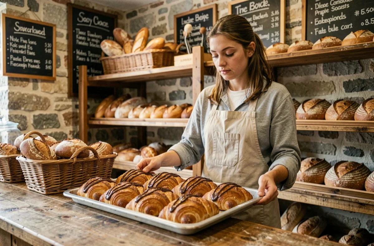 Intérieur chaleureux de la Boulangerie Lorette avec une boulangère disposant des pains au chocolat dorés sur un comptoir en bois rustique
