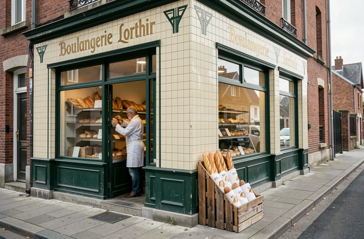 Façade Art Déco de la Boulangerie Lorthioir à Roubaix avec baguettes en vitrine