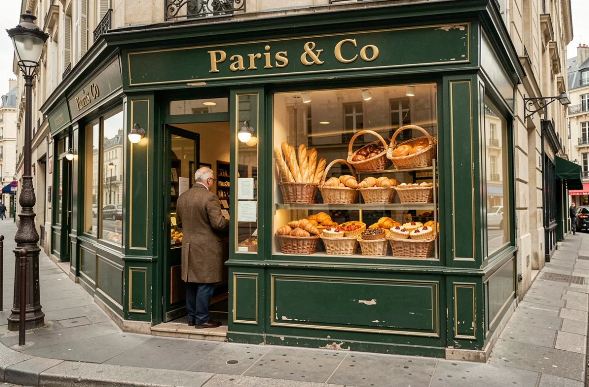 Devanture classique de la Boulangerie Paris & Co avec sa façade verte et dorée et une vitrine garnie de baguettes, croissants et tartes artisanales