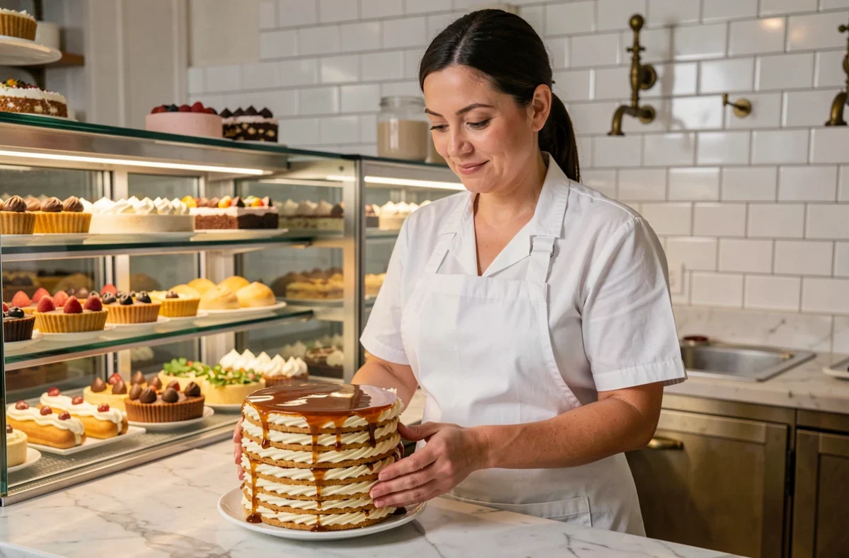 Boulangère-pâtissière présentant un mille-feuille artisanal sur un comptoir en marbre chez Boulay, une pâtisserie raffinée parisienne