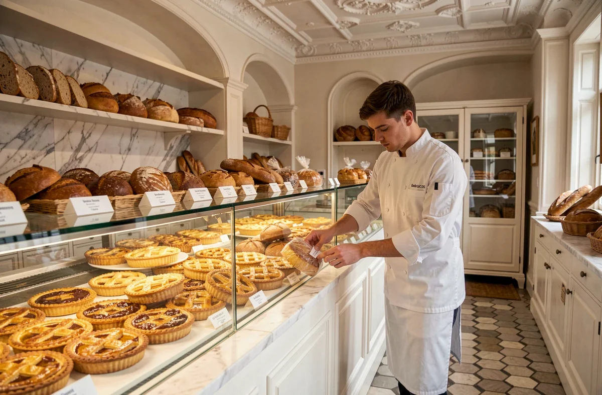 Apprenti boulanger étiquetant un pain à la Boulangerie Tillier à Saint-Quentin