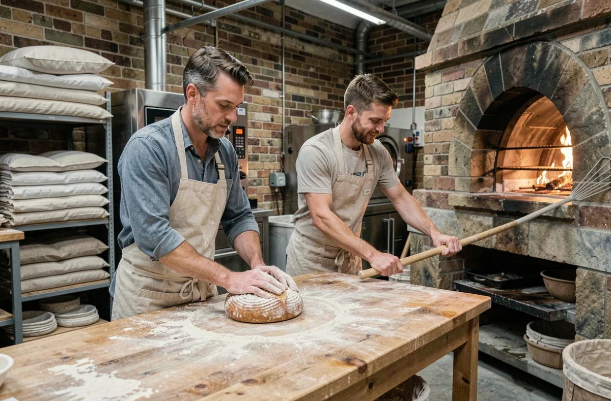 Deux boulangers travaillant en équipe dans la cuisine ouverte de la boulangerie Union, façonnant et enfournant des pains au levain artisanaux