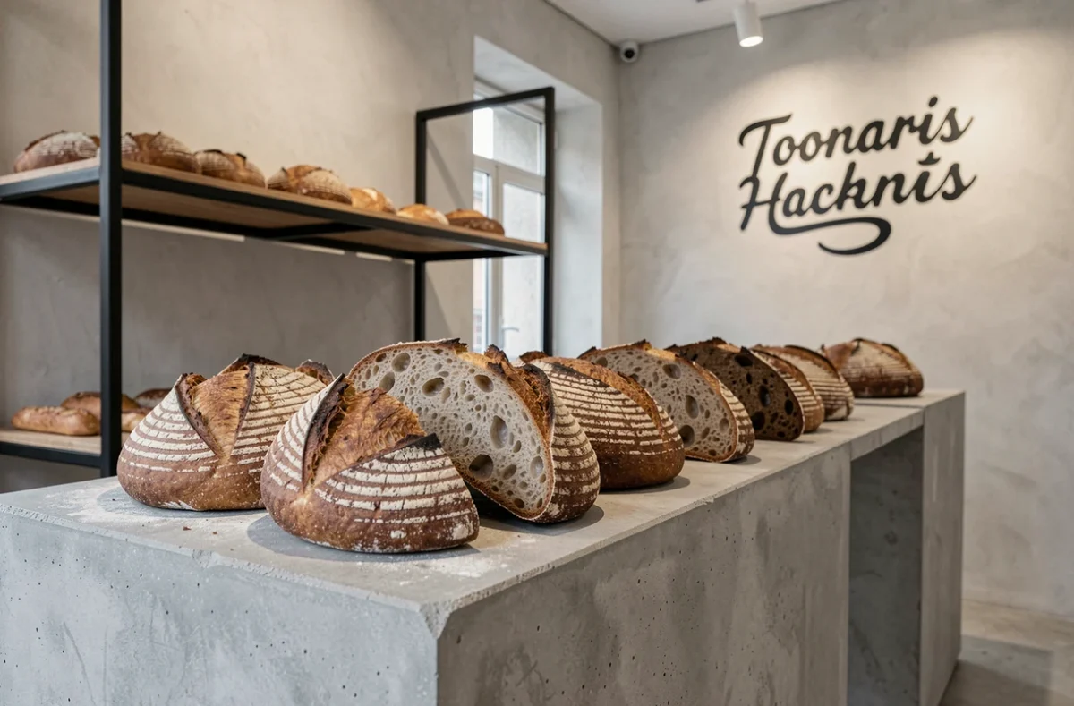 Comptoir épuré de la boulangerie Utopie avec des pains au levain artistiquement scarifiés exposés sur des étagères en béton brut