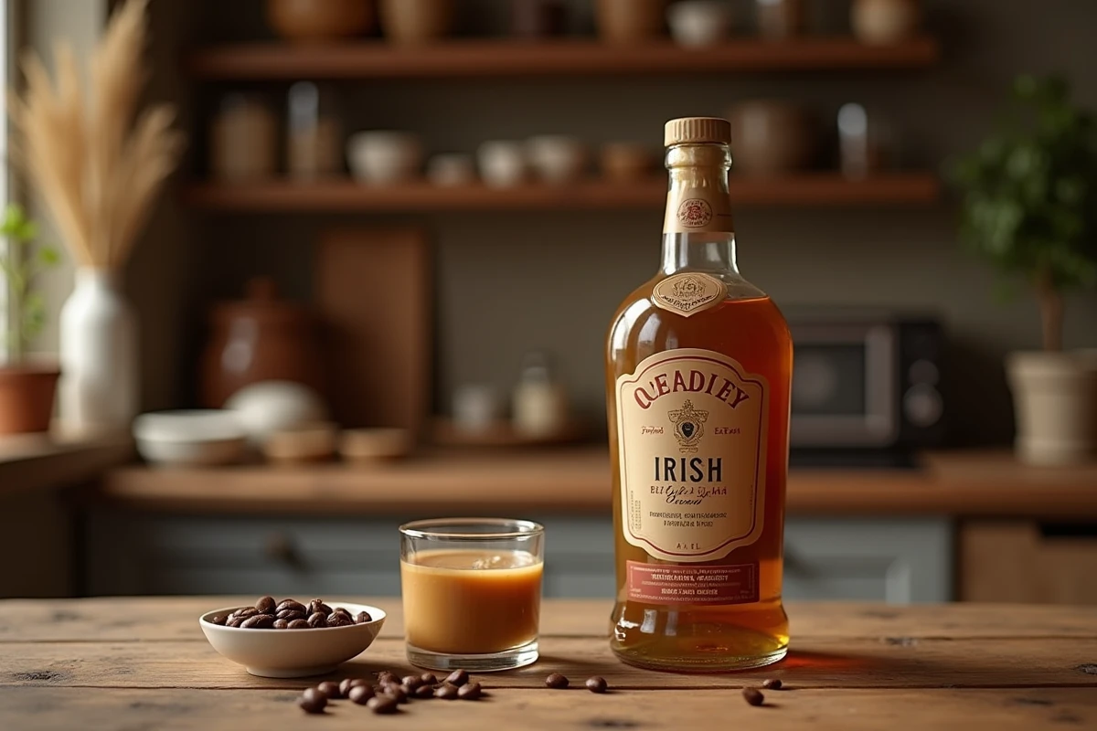 Bouteille de liqueur irlandaise à la crème posée sur une table en bois avec un verre et des grains de café