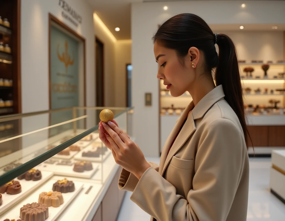 Femme découvrant un bonbon au chocolat doré dans une boutique de chocolaterie haut de gamme à Dubaï