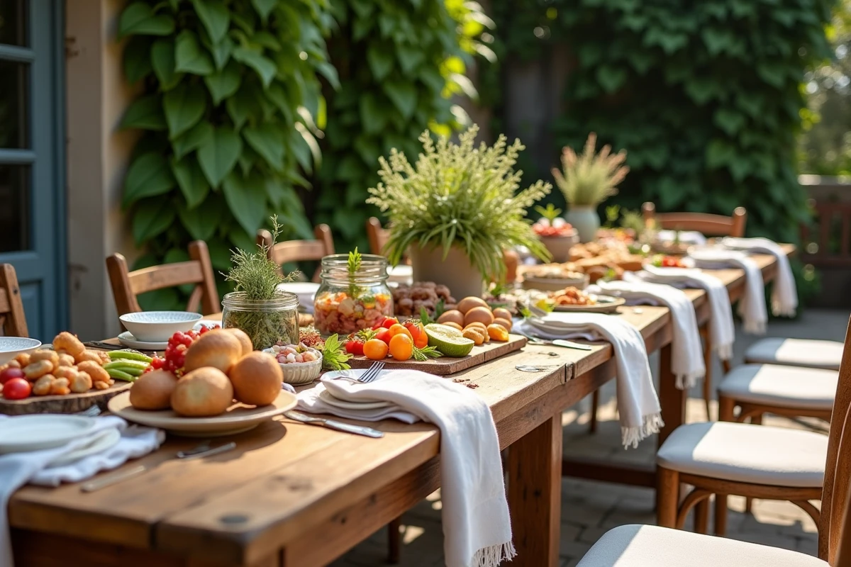 Grand buffet froid convivial dressé sur une longue table en bois pour dix personnes avec charcuterie, légumes, terrines et pains artisanaux sur terrasse ensoleillée