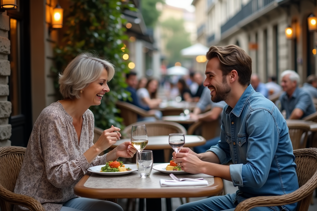 Jeune homme et femme discutant à une terrasse de café urbaine